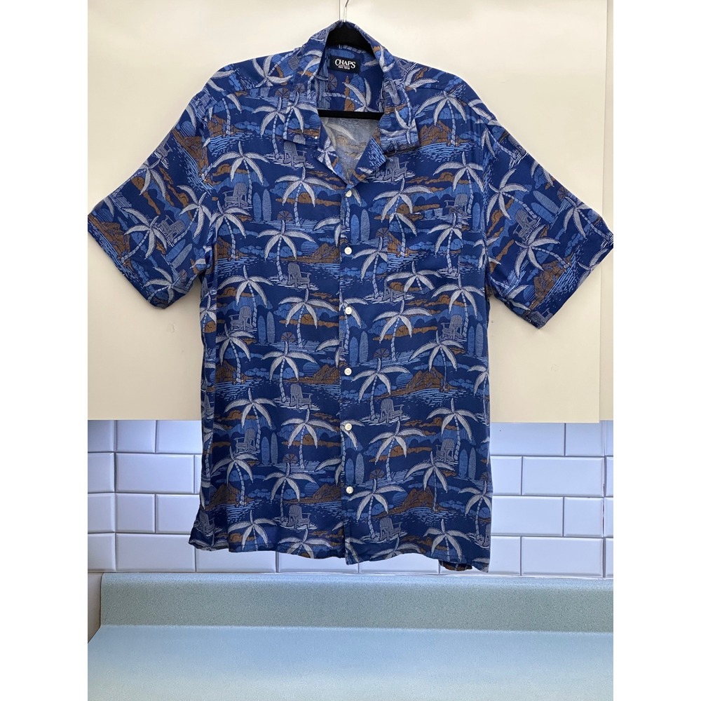 Chaps Mens XXL Blue Tropical Palm Tree Viscose Short Sleeve Button Down